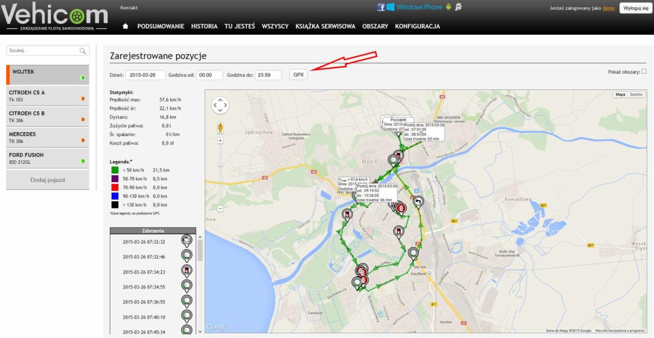 Interfejs programu do zarządzania flotą pojazdów, prezentujący trasę przejazdu na mapie z zaznaczonymi punktami postoju i statystykami prędkości oraz zużycia paliwa dla wybranego dnia.