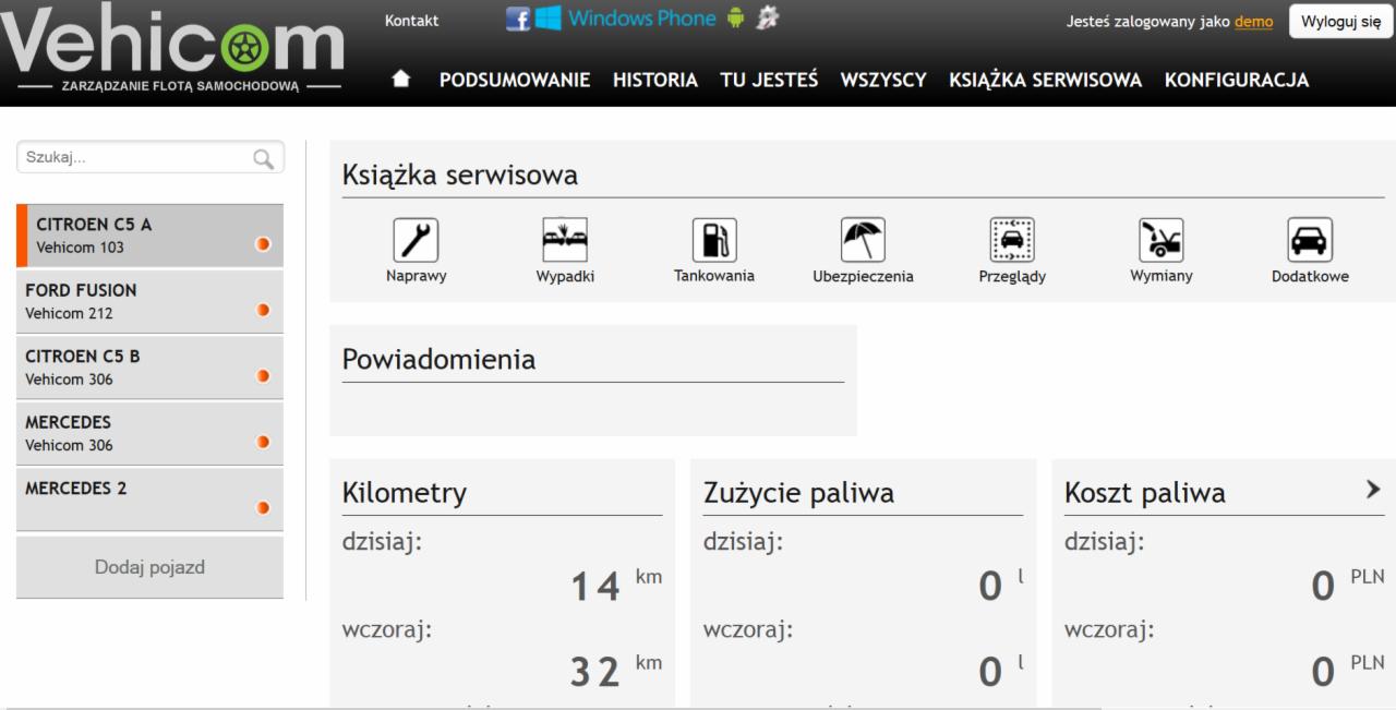 Interfejs oprogramowania do zarządzania flotą pojazdów Vehicom, prezentujący książkę serwisową z opcjami napraw, wypadków, tankowania, ubezpieczenia, przeglądów, wymiany i dodatkowych informacji,...