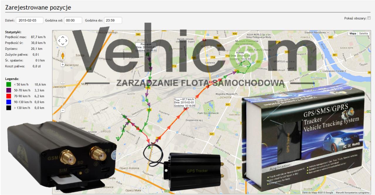 Zestaw urządzeń do śledzenia pojazdów z mapą Warszawy i statystykami prędkości, zużycia paliwa i przebytej trasy z dnia 2015-02-03, widoczny moduł GPS z kartą SIM i SD oraz pudełko z opisem funkcji.
