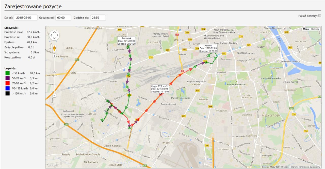 Mapa Warszawy z zaznaczoną trasą przejazdu pojazdu w dniu 2015-02-03, z widocznymi statystykami prędkości, dystansu i zużycia paliwa, oraz legendą kolorystyczną prędkości.