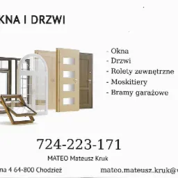 Reklama firmy oferującej okna i drzwi: różne modele okien i drzwi w tle, na pierwszym planie przekrój okna dachowego, poniżej dane kontaktowe.
