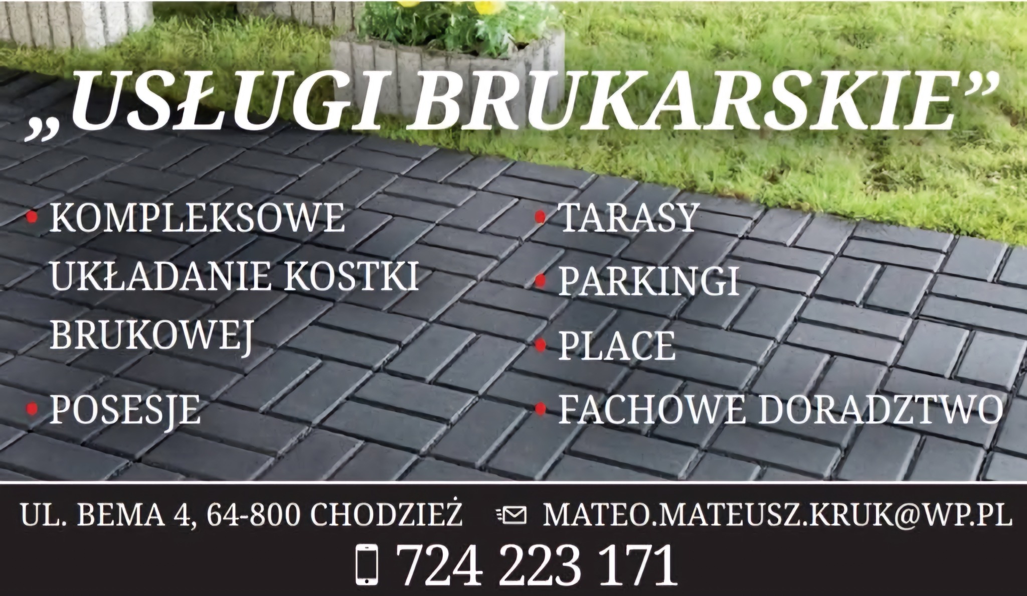 Grafika reklamowa z ciemnoszarą kostką brukową ułożoną w jodełkę, informująca o kompleksowych usługach brukarskich, adresie firmy i numerze telefonu.