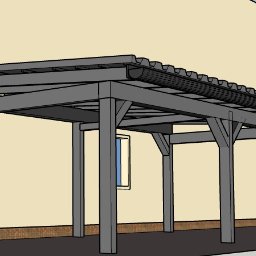 FPHU Daszko Vitalii Solovei - Wizualizacja 3D szarej pergoli przy budynku z widoczną rynną i oknem. Konstrukcja z belek, zadaszenie z profilowanej blachy. Projekt architektoniczny.