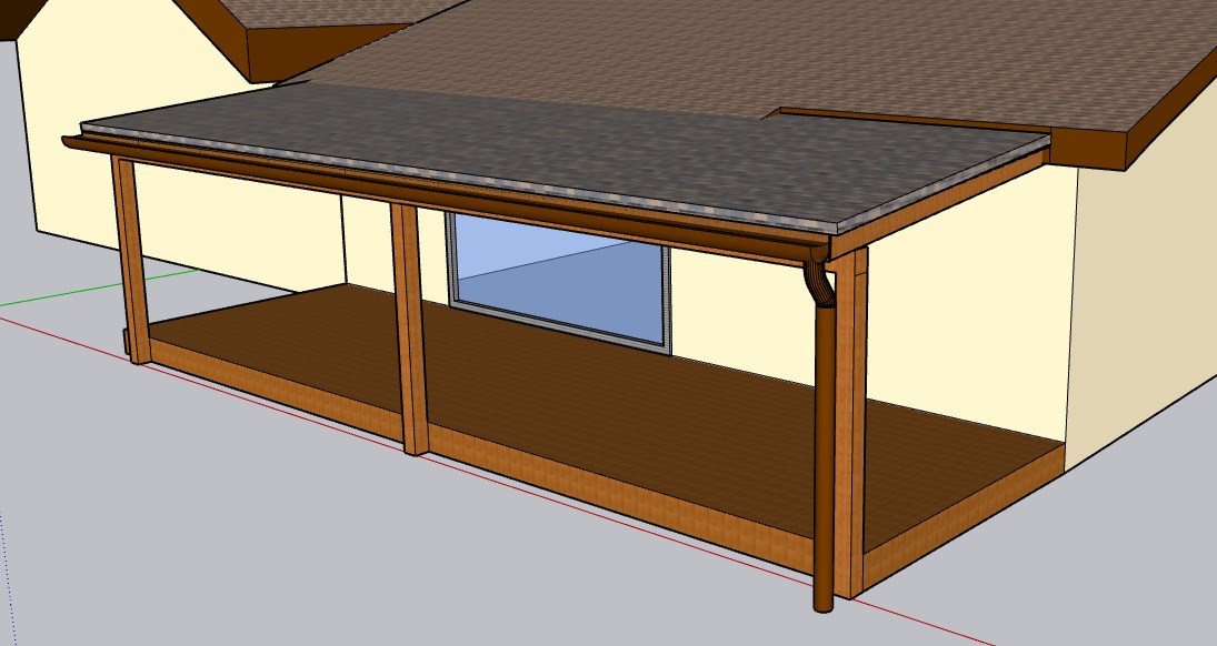 Wizualizacja 3D zadaszonego tarasu z drewnianą konstrukcją, brązową podłogą i rynną. Widoczne okno w ścianie budynku. Ujęcie z niskiego kąta.