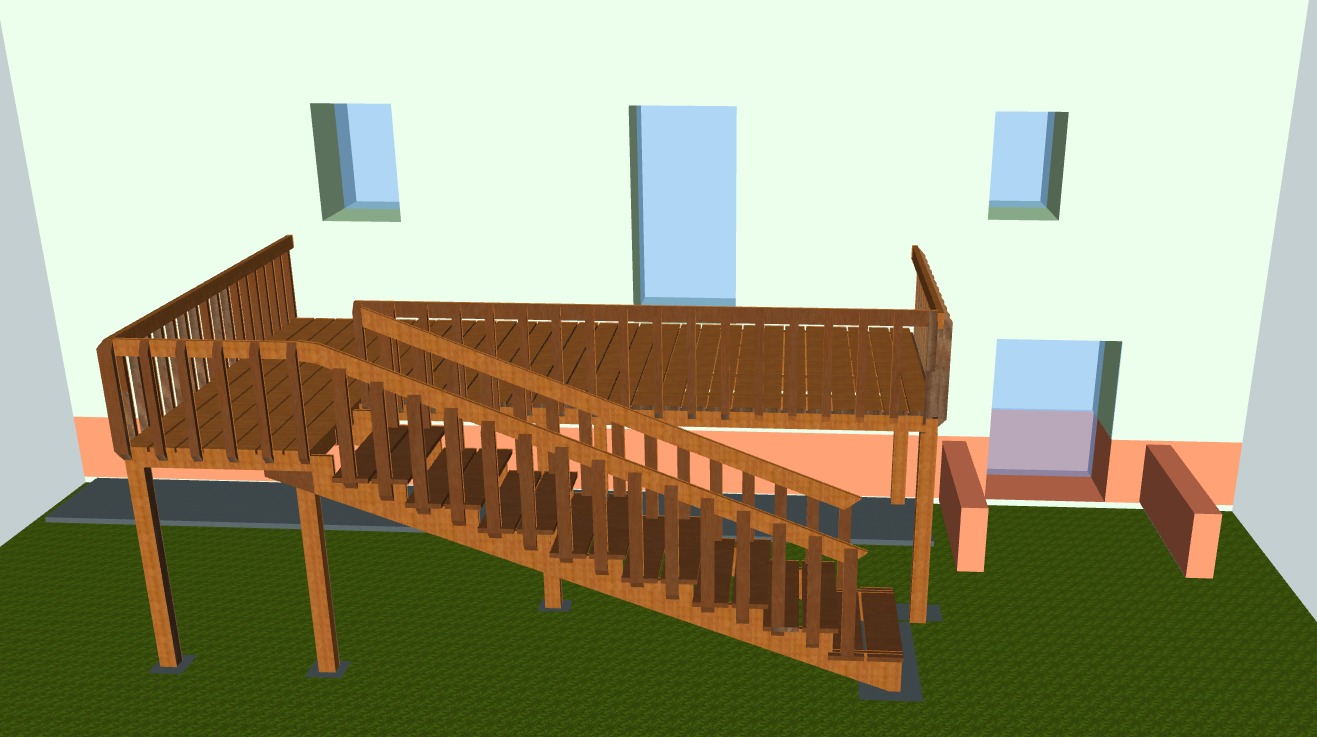 Wizualizacja drewnianego tarasu z schodami, z balustradami, na tle ściany budynku z oknami. Projekt tarasu z drewna, widok z boku, prezentacja 3D.