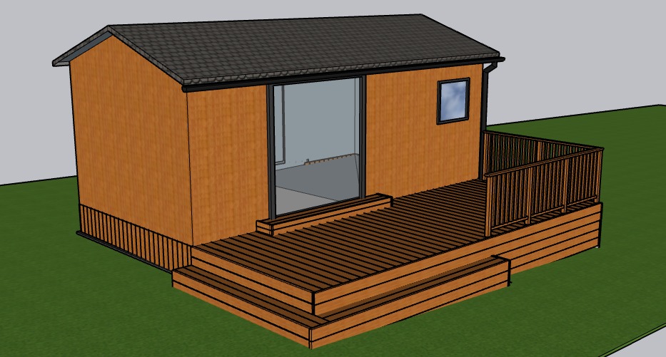 Wizualizacja małego domku z tarasem z desek. Widoczne drzwi przesuwne, okno i balustrada tarasu. Całość w odcieniach brązu i szarości na tle zielonej trawy.