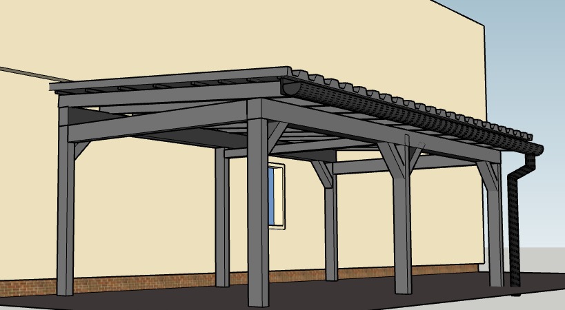 Wizualizacja 3D szarej pergoli przy budynku z widoczną rynną i oknem. Konstrukcja z belek, zadaszenie z profilowanej blachy. Projekt architektoniczny.