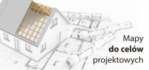 Wizualizacja 3D domu jednorodzinnego na tle planu architektonicznego z napisem 'Mapy do celów projektowych'.