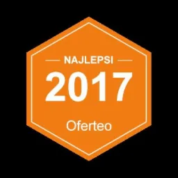 Pomarańczowa odznaka Oferteo z napisem 'Najlepsi 2017' na czarnym tle.