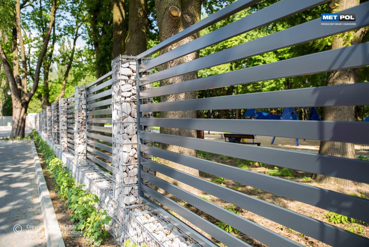 Nowoczesne ogrodzenie panelowe z poziomych, szarych profili metalowych, osadzone na słupkach wypełnionych kamieniami w metalowej siatce, widok na park z placem zabaw w tle.