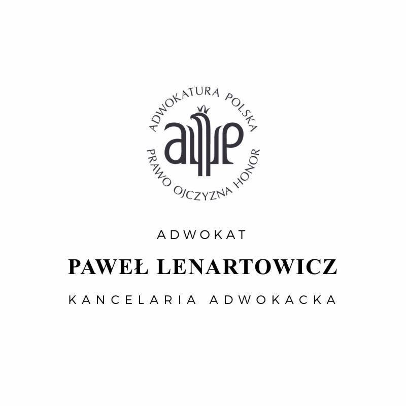 Eleganckie logo kancelarii prawnej z napisem 'Adwokatura Polska Prawo Ojczyzna Honor' otaczającym stylizowany symbol, poniżej imię i nazwisko adwokata Paweł Lenartowicz oraz nazwa Kancelaria...