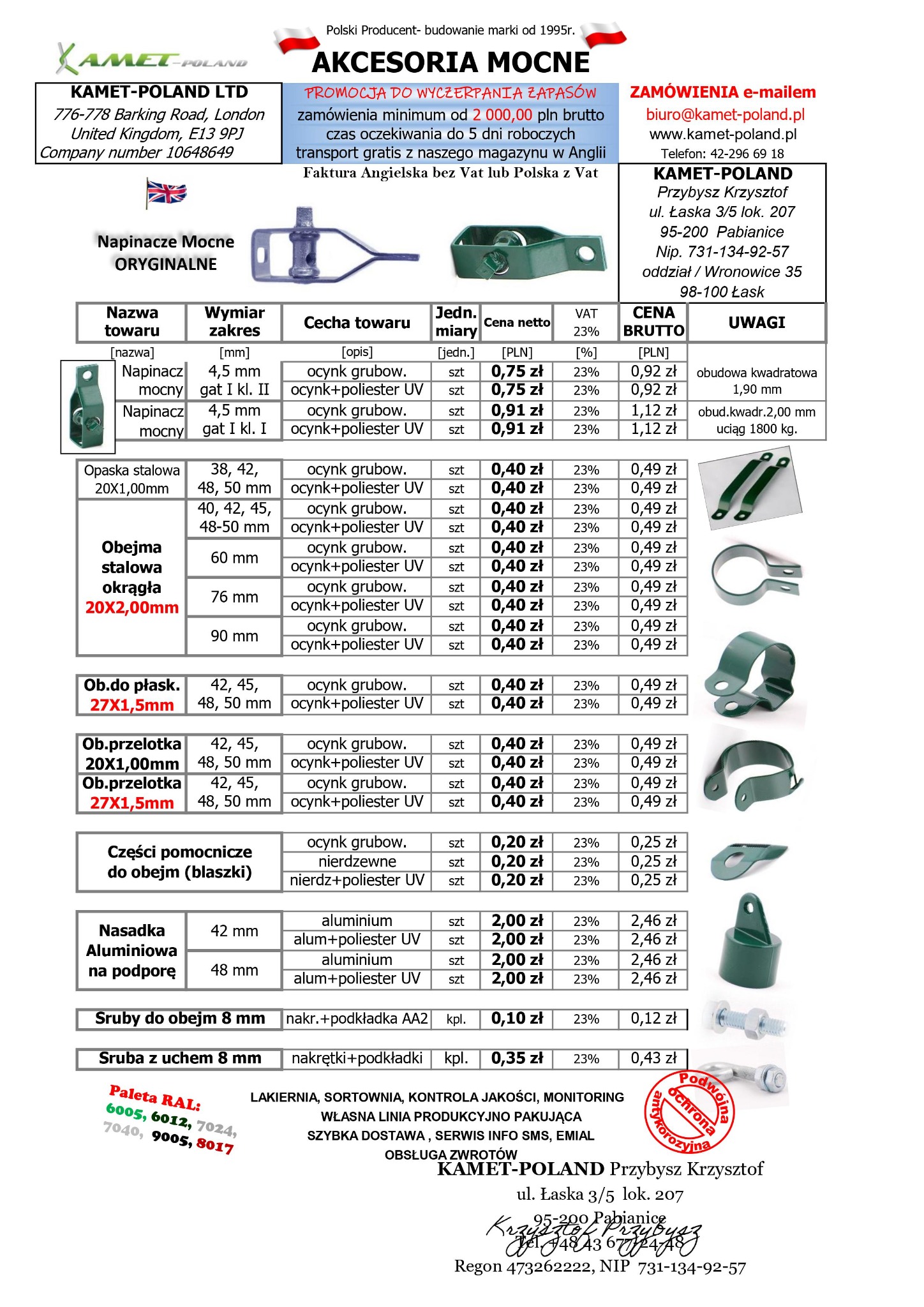 Katalog akcesoriów montażowych do ogrodzeń i bram, w tym napinacze, obejmy, nasadki aluminiowe i śruby, z informacjami o cenach i wymiarach.