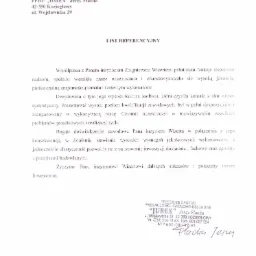 Skan listu referencyjnego dla inżyniera Zbigniewa Wizerta, wydanego przez PPHU JUREX, potwierdzający wysoką jakość i profesjonalizm w pełnieniu funkcji inspektora nadzoru.