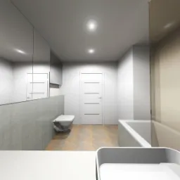Wizualizacja łazienki z białymi meblami, lustrem na ścianie, toaletą podwieszaną i białą wanną, widok z perspektywy blatu.
