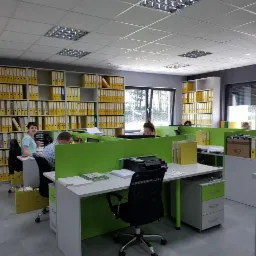 Jasne biuro rachunkowe z pracownikami przy biurkach oddzielonych zielonymi przegrodami, ściany wypełnione żółtymi segregatorami.