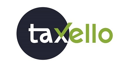 Logo Taxello: biały napis 'tax' na ciemnogranatowym kole, z zielonym 'ello' po prawej stronie, gdzie 'x' jest symbolem akceptacji.