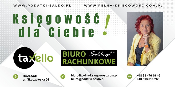 Grafika reklamowa biura rachunkowego Saldo.pl z hasłem 'Księgowość dla Ciebie', logotypem Taxello, adresem w Hażlachu oraz numerami telefonów, obok portret uśmiechniętej kobiety w żółtej marynarce.