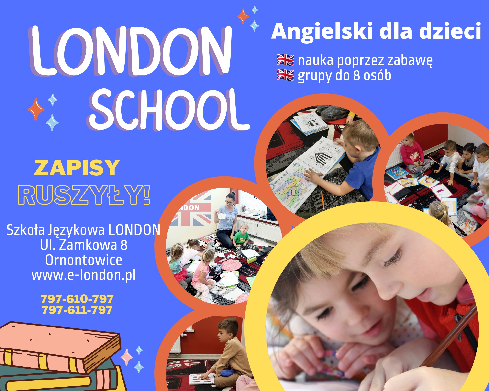 Grafika reklamowa szkoły językowej z dziećmi uczącymi się przez zabawę, rysującymi w kolorowankach, z elementami graficznymi i tekstem informacyjnym.