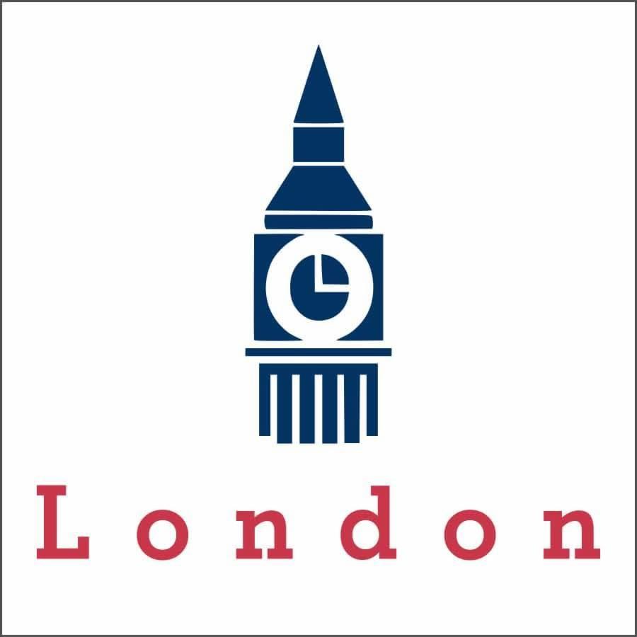 Grafika wektorowa przedstawiająca stylizowaną sylwetkę Big Bena w kolorze granatowym, z napisem 'London' w kolorze czerwonym poniżej, na białym tle.