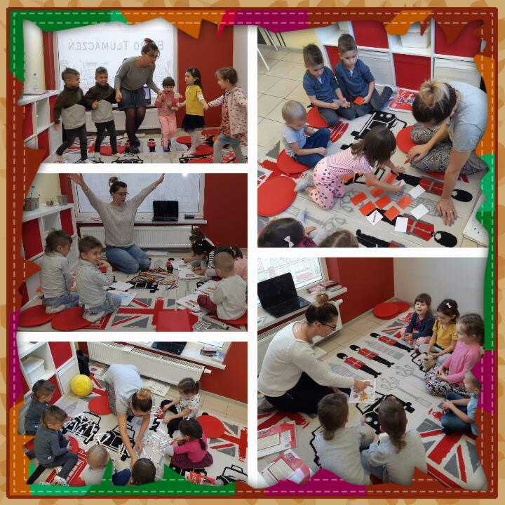 Montaż zdjęć przedstawia lekcję języka angielskiego dla dzieci w przedszkolu, z elementami zabawy, wykorzystaniem kart obrazkowych i dywanu z motywami brytyjskimi.