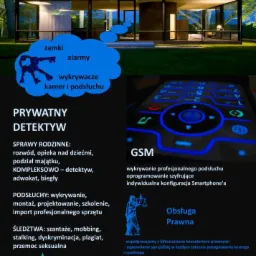 Grafika reklamowa usług detektywistycznych, prezentująca nowoczesny dom z podświetlonym smartfonem i ikonografikami związanymi z wykrywaniem podsłuchów i ochroną prywatności.