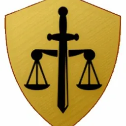 Złota tarcza z czarnym symbolem miecza przecinającego wagę sprawiedliwości, logo kancelarii prawnej z Wrocławia.