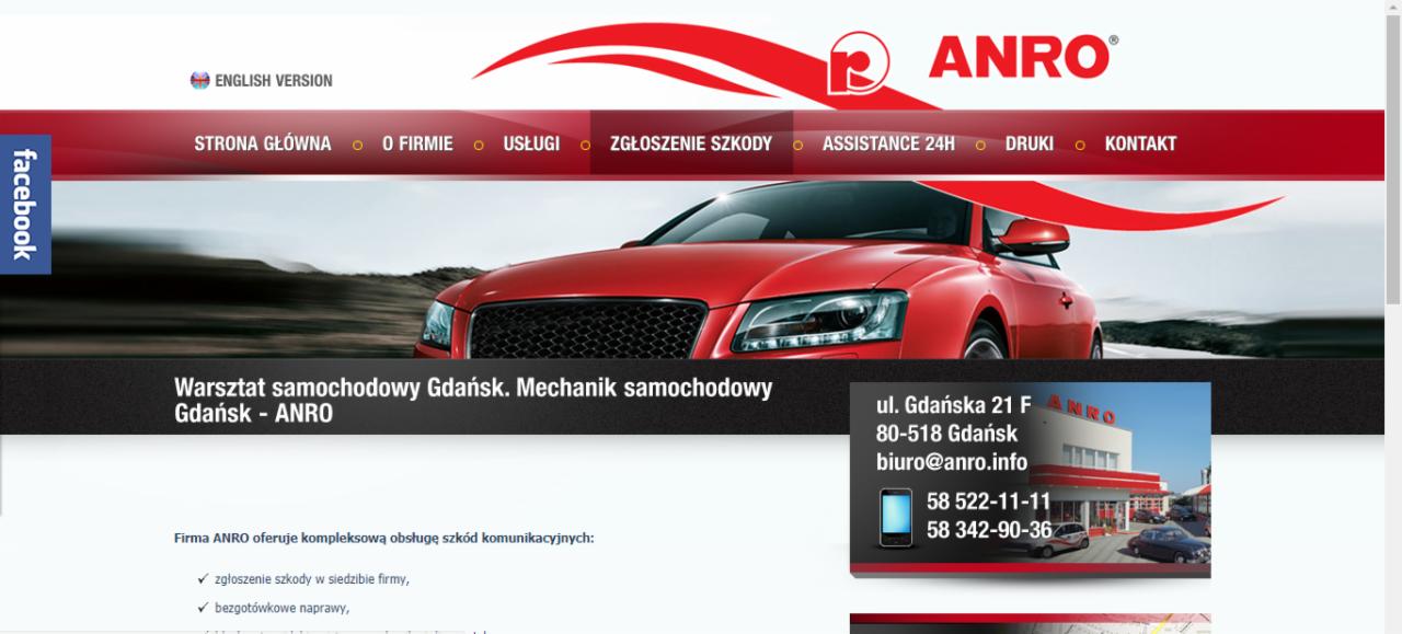 Strona internetowa firmy ANRO, warsztatu samochodowego z Gdańska, z widocznym czerwonym samochodem, menu nawigacyjnym i danymi kontaktowymi.