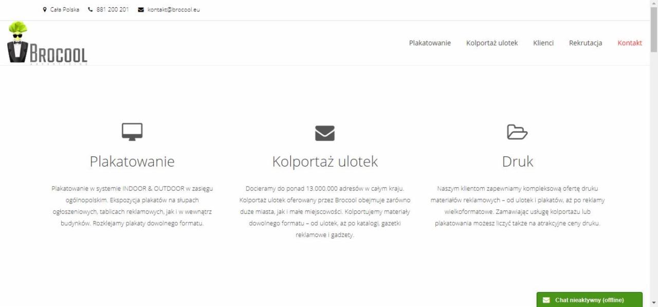 Strona internetowa agencji reklamowej Brocool z ofertą plakatowania, kolportażu ulotek i druku, z logo firmy w lewym górnym rogu.