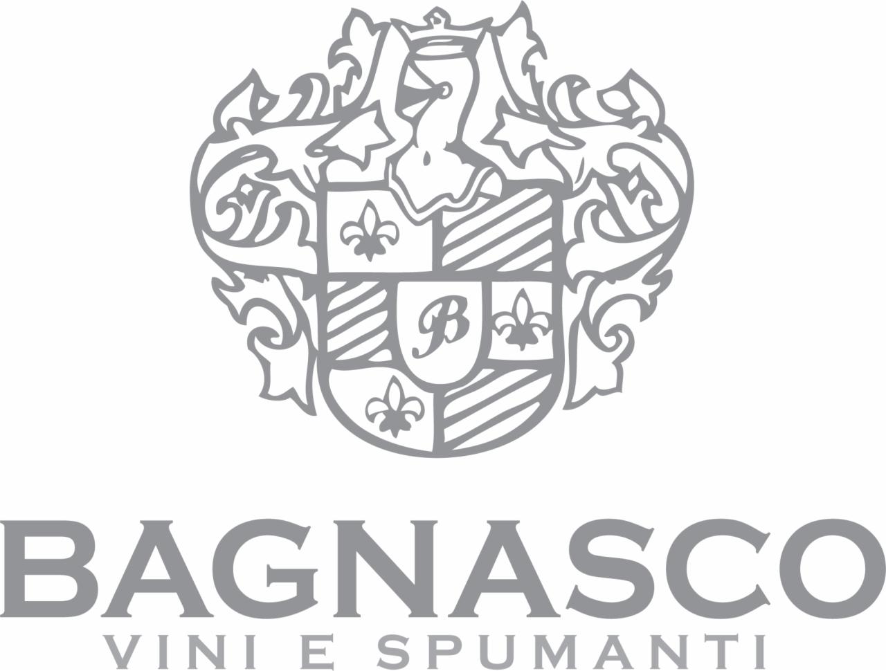 Szary emblemat z motywem heraldycznym, zawierający stylizowaną literę B i lilie, nad napisem BAGNASCO VINI E SPUMANTI.