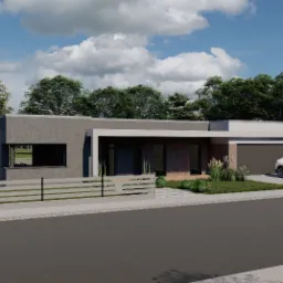 Wizualizacja nowoczesnego, parterowego domu z płaskim dachem, szarą elewacją i drewnianymi akcentami, z podjazdem i białym SUV-em zaparkowanym obok garażu.