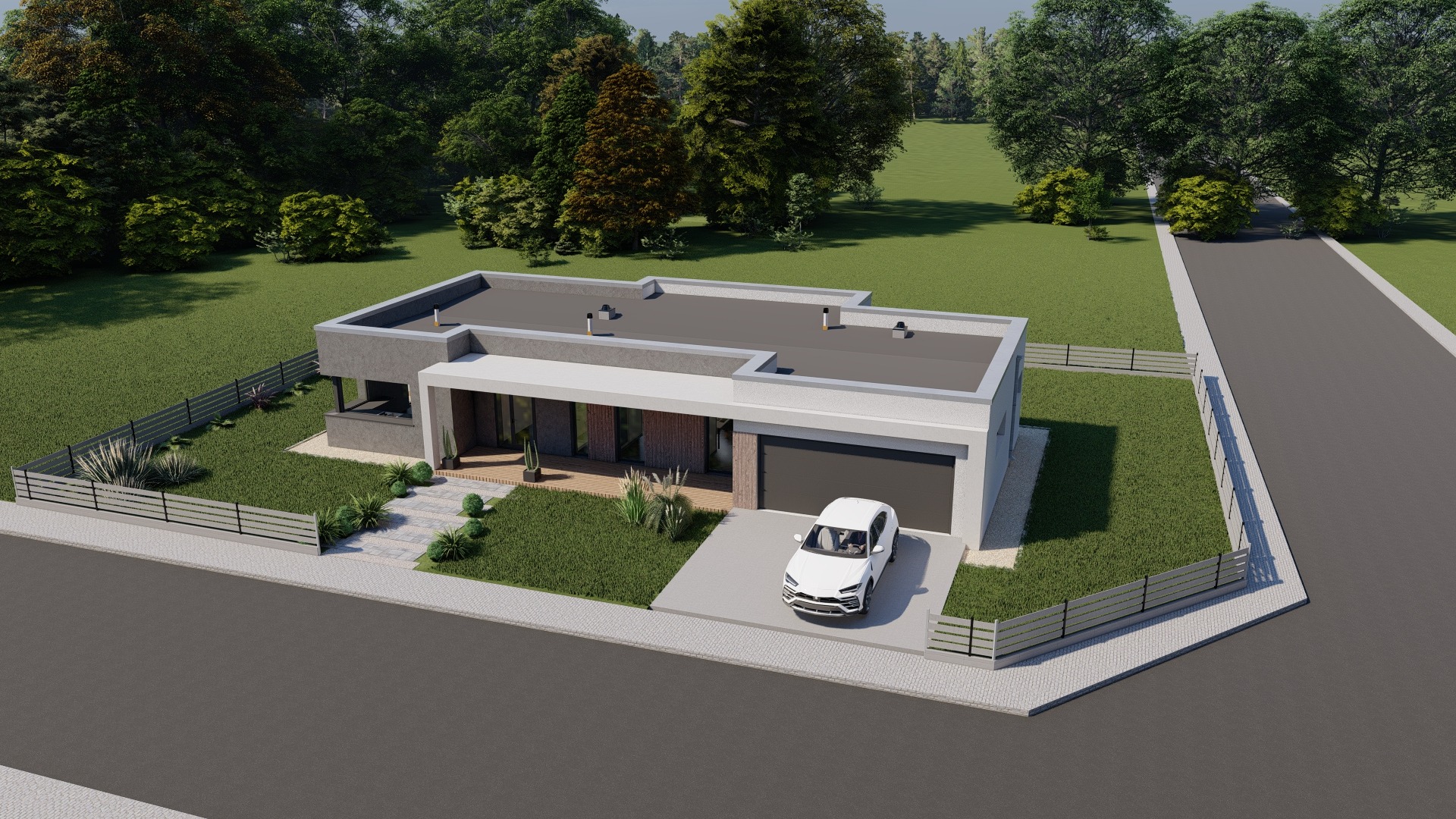 Wizualizacja nowoczesnego, parterowego domu z płaskim dachem, garażem i białym samochodem na podjeździe, otoczonego zielonym trawnikiem i niskim ogrodzeniem.