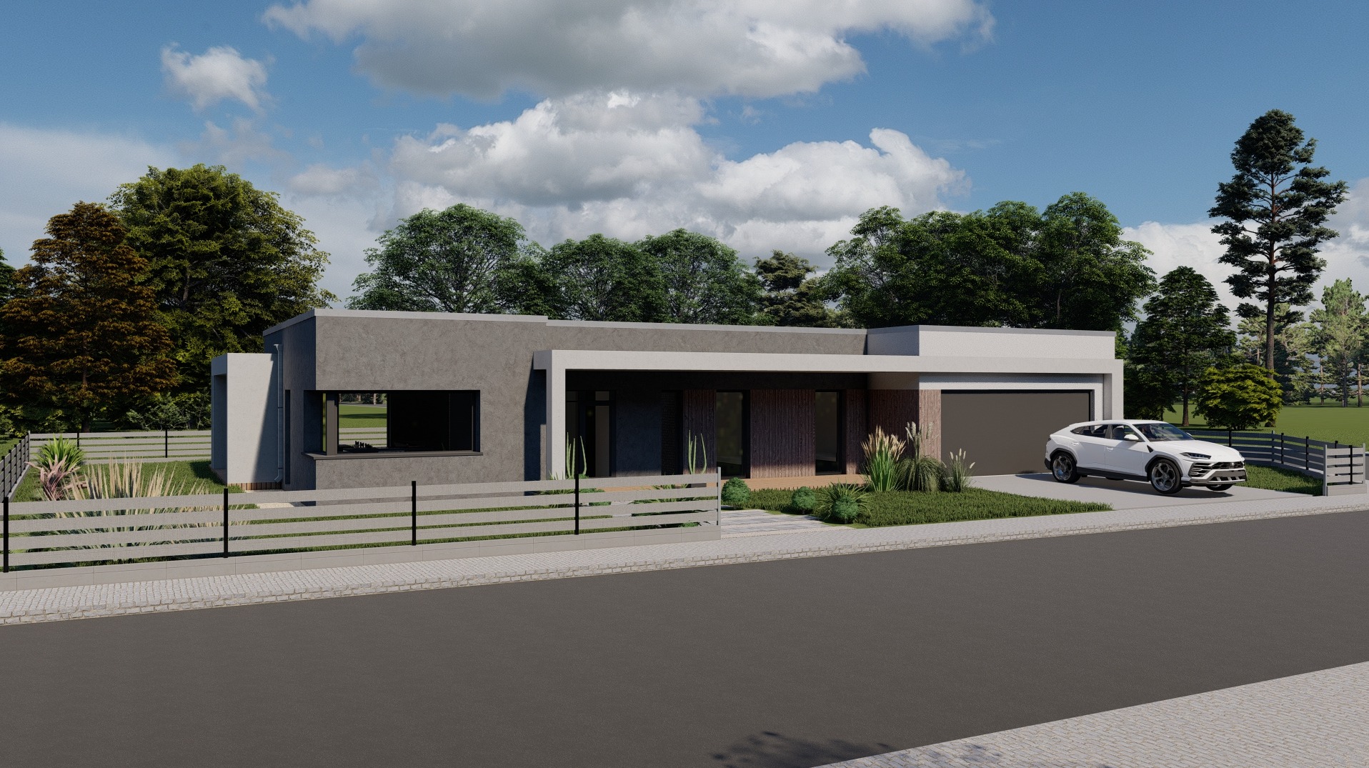 Wizualizacja nowoczesnego, parterowego domu z płaskim dachem, szarą elewacją i drewnianymi akcentami, z podjazdem i białym SUV-em zaparkowanym obok garażu.