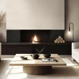 Minimalistyczny salon z kominkiem, beżowymi sofami i drewnianym stolikiem kawowym. Wazon z trawami pampasowymi dodaje naturalnego akcentu. Ciepłe oświetlenie.