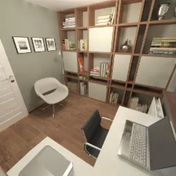 Wizualizacja domowego biura z drewnianym regałem na książki, białym biurkiem z laptopem i krzesłem biurowym, uzupełniona o białe drzwi z poziomymi wgłębieniami i minimalistyczne grafiki na ścianie.