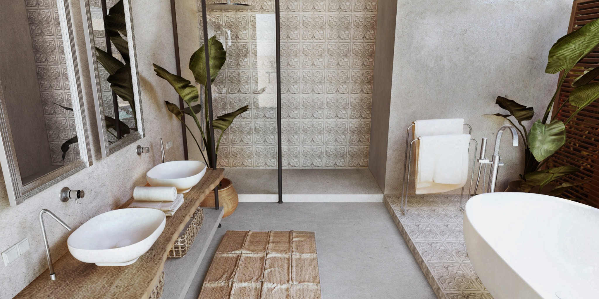 Nowoczesna łazienka z dwoma umywalkami nablatowymi, kabiną prysznicową typu walk-in z dekoracyjnymi płytkami, wolnostojącą wanną i roślinami doniczkowymi.