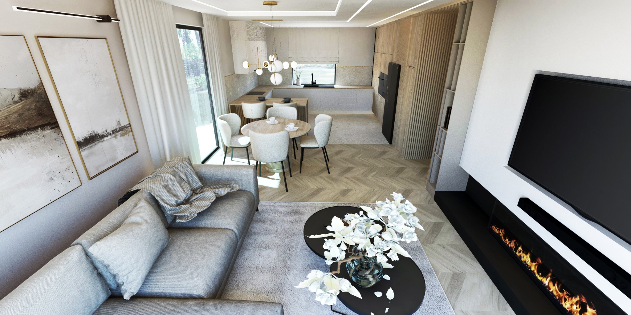 Wizualizacja przestronnego salonu z aneksem kuchennym w jasnych barwach, z parkietem ułożonym we wzór jodełki, kominkiem elektrycznym i dekoracyjnymi obrazami na ścianie.