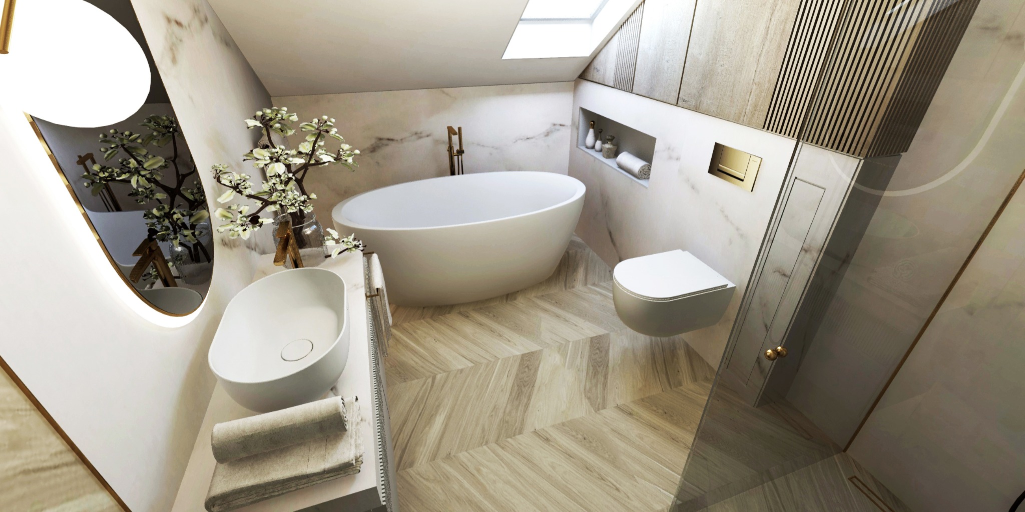 Nowoczesna łazienka z marmurowymi ścianami, wolnostojącą wanną, wiszącą toaletą, umywalką nablatową i podświetlanym lustrem owalnym, akcentem jest drewniana okładzina ścienna i podłoga ułożona...