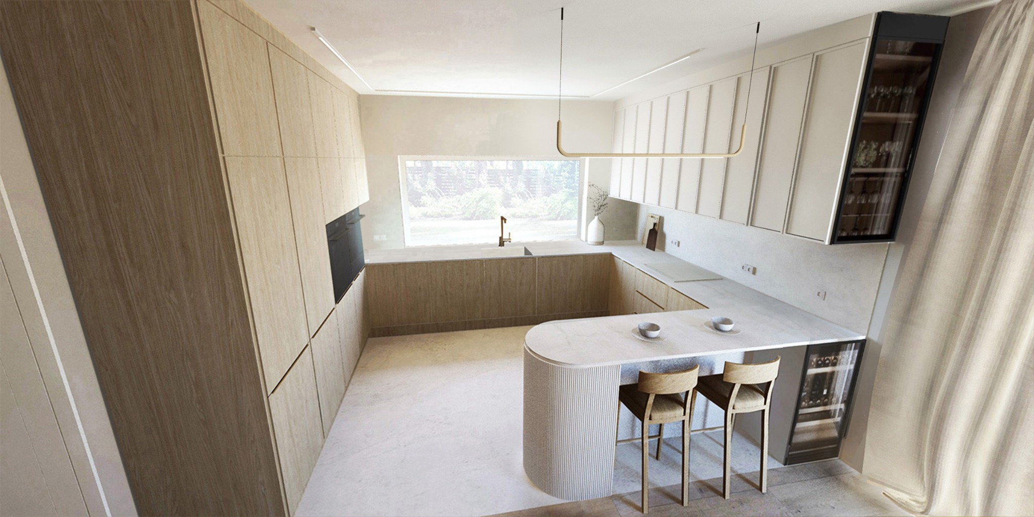 Jasna kuchnia w minimalistycznym stylu z drewnianymi szafkami, wyspą z dwoma hokerami, oświetleniem LED i szafką na wino.