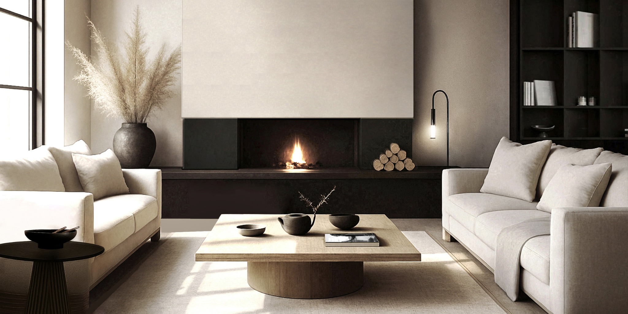 Minimalistyczny salon z kominkiem, beżowymi sofami i drewnianym stolikiem kawowym. Wazon z trawami pampasowymi dodaje naturalnego akcentu. Ciepłe oświetlenie.