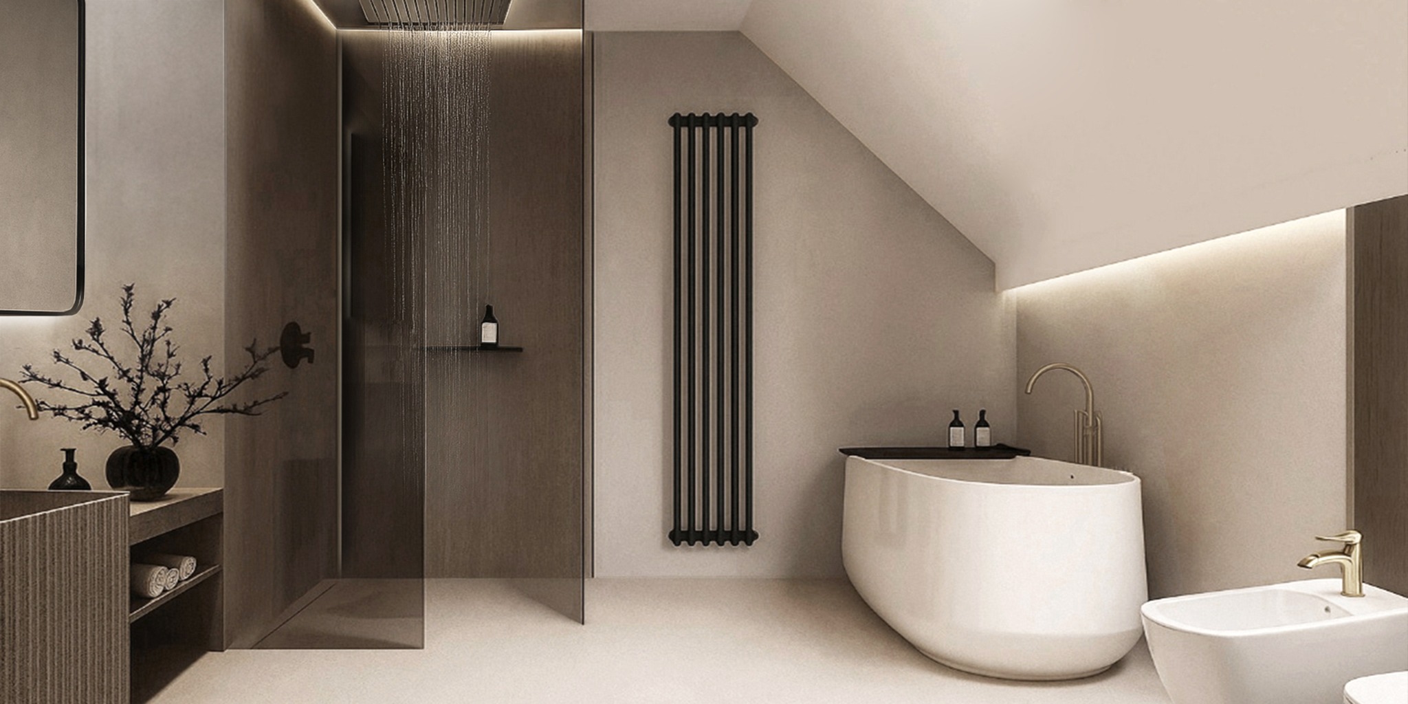 Nowoczesna łazienka z prysznicem typu walk-in, wolnostojącą wanną i grzejnikiem dekoracyjnym. Minimalistyczny design, stonowana kolorystyka, oświetlenie LED.