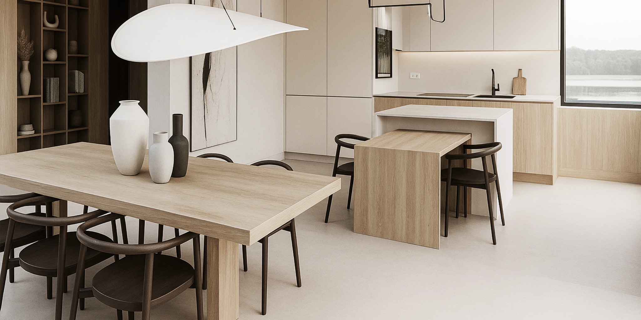 Jasne wnętrze: stół z wazonami, krzesła z ciemnego drewna, aneks kuchenny z wyspą i widokiem na jezioro. Minimalistyczny design, stonowana kolorystyka.
