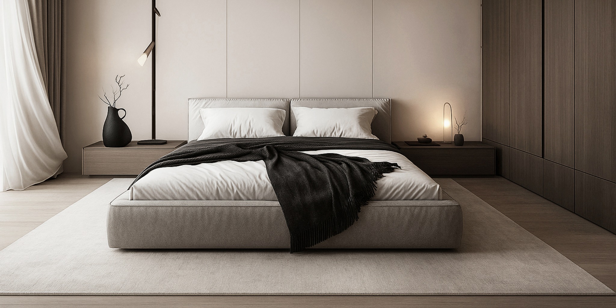 Nowoczesna sypialnia w stonowanej kolorystyce: szary dywan, łóżko z narzutą, minimalistyczne szafki nocne i lampki. Subtelne oświetlenie tworzy przytulną atmosferę.