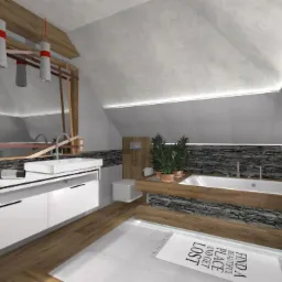 Wizualizacja łazienki na poddaszu z białą wanną obudowaną drewnem i kamieniem, białą szafką z umywalką, lustrem w drewnianej ramie i designerskimi lampami wiszącymi.