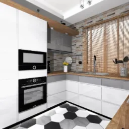Wizualizacja nowoczesnej kuchni z białymi szafkami, drewnianymi blatami, ceglaną ścianą i heksagonalną podłogą, oświetleniem punktowym i zabudowanym sprzętem AGD.