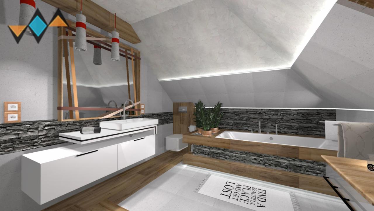 Wizualizacja łazienki na poddaszu z białą wanną obudowaną drewnem i kamieniem, białą szafką z umywalką, lustrem w drewnianej ramie i designerskimi lampami wiszącymi.