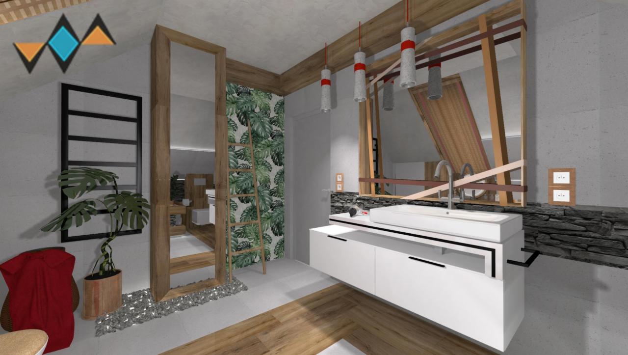 Wizualizacja łazienki na poddaszu z drewnianymi elementami konstrukcyjnymi, białą szafką pod umywalką, lustrem z drewnianą ramą, ścianą z motywem roślinnym i grzejnikiem drabinkowym obok rośliny...