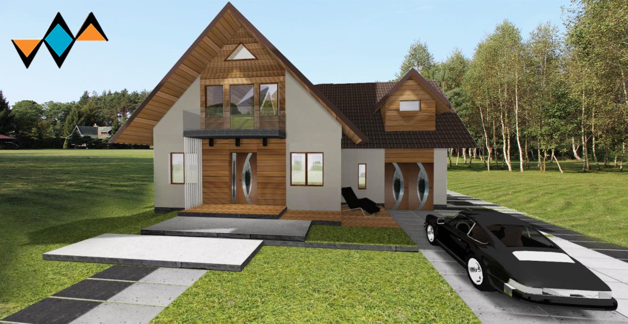 Wizualizacja dwukondygnacyjnego domu z drewnianą fasadą, tarasem i podjazdem z czarno-białej kostki, z czarnym sportowym samochodem zaparkowanym obok.