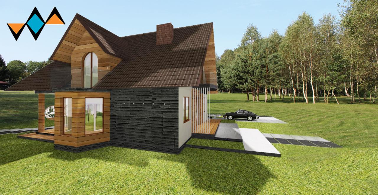 Wizualizacja projektu domu jednorodzinnego w Ropczycach z drewnianą elewacją, kamiennymi elementami i podjazdem dla samochodu na tle zielonego trawnika i lasu.