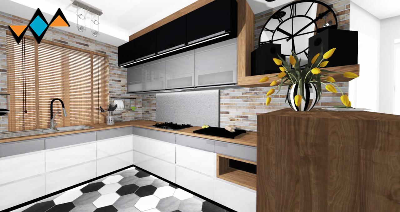 Nowoczesna kuchnia z białymi szafkami, drewnianymi blatami i ceglaną ścianą, ozdobiona czarno-białą wazą z żółtymi tulipanami i zegarem ściennym.