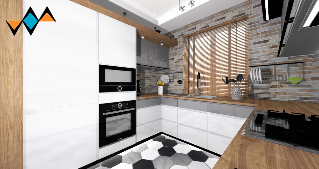 Wizualizacja nowoczesnej kuchni z białymi szafkami, drewnianymi blatami, ceglaną ścianą i heksagonalną podłogą, oświetleniem punktowym i zabudowanym sprzętem AGD.